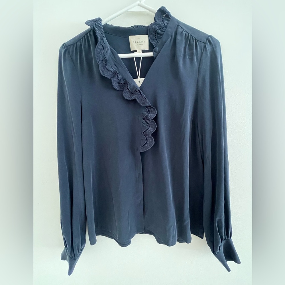 Sezane Chloe Silk Shirt Navy